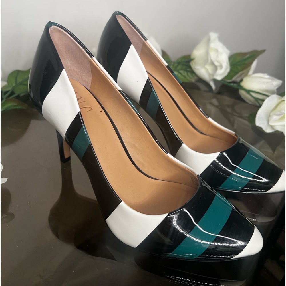 Black, green and white striped heels